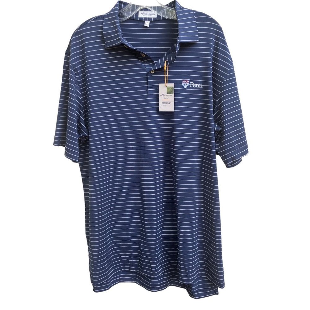 Men's Peter Millar Penn Navy Blue Stripe Summer Comfort Golf Polo Shirt Size L